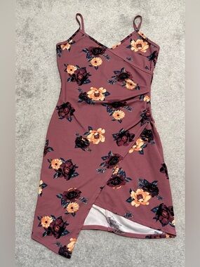 Almost Famous Mauve-Pink Floral Wrap Mini Dress